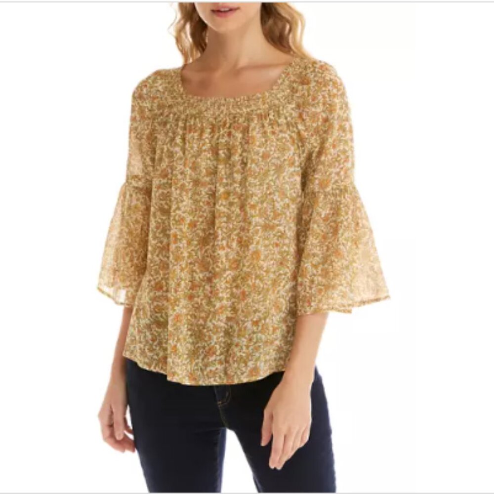 Ralph Lauren Chaps Floral Boho Blouse Orange Peasant Bell Sleeves Size Small